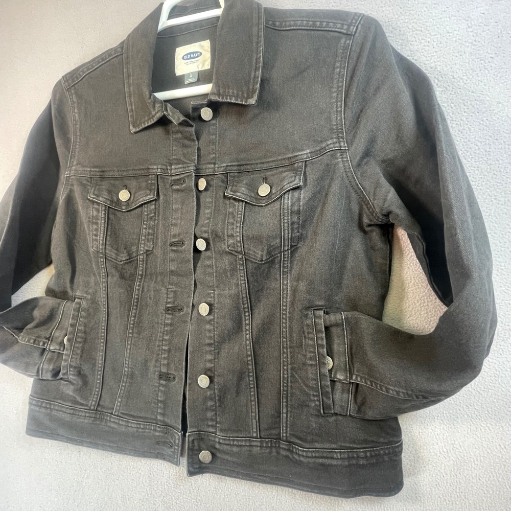 Old Navy Denim Jacket Womens L Black Button Front Classic Trucker Stretch Cotton
